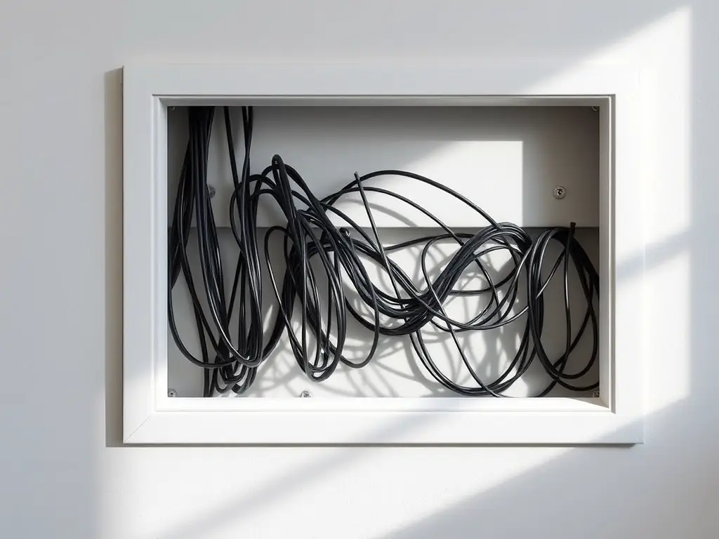 A close-up shot of wires neatly concealed behind a wall, demonstrating a clean and professional wire management solution for a home entertainment system.