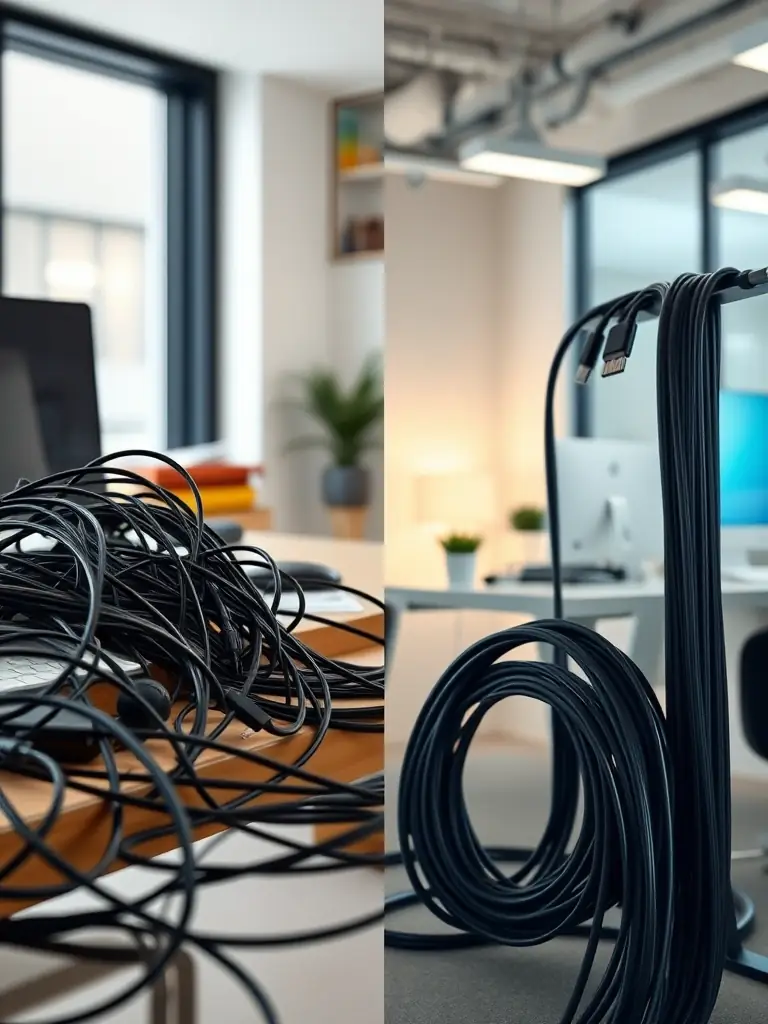 A split image showing a before-and-after comparison: cluttered cables versus a tidy, concealed setup. The 'after' side is brightly lit and aesthetically pleasing.