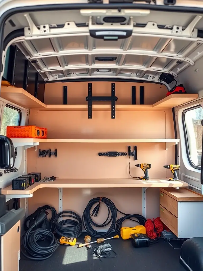 A variety of TV mounting brackets and tools neatly organized in a technician's van, illustrating the company's preparedness and expertise in handling different mounting scenarios.