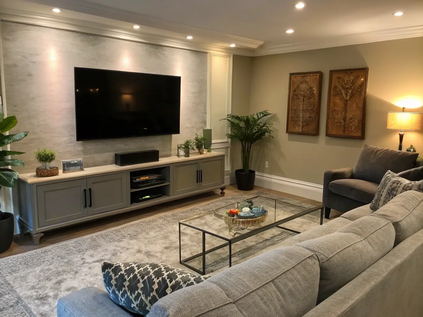 A professionally mounted flat-screen TV on a living room wall, showcasing a clean and modern setup with no visible wires. The TV is displaying a vibrant nature scene.