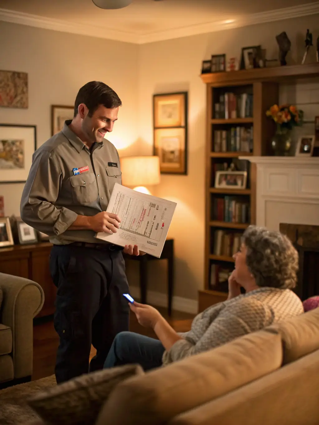 A friendly HangItUp technician smiling and interacting with a satisfied customer in their living room, emphasizing the company's commitment to excellent customer service.
