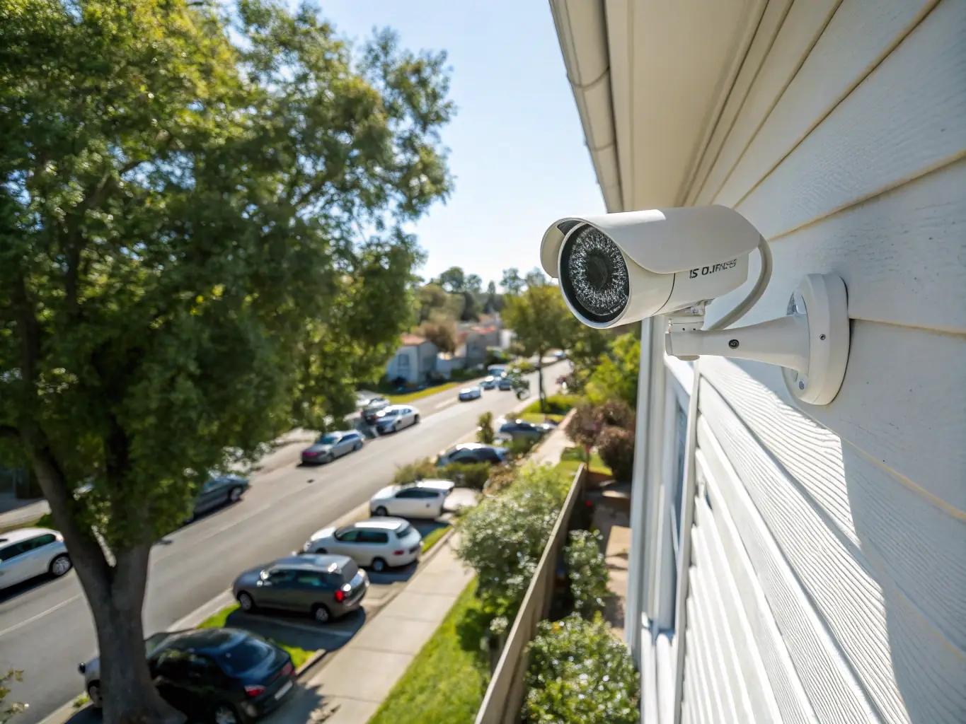 A professionally installed security camera mounted on the exterior wall of a modern home, capturing a wide view of the property and street, under a clear blue sky.